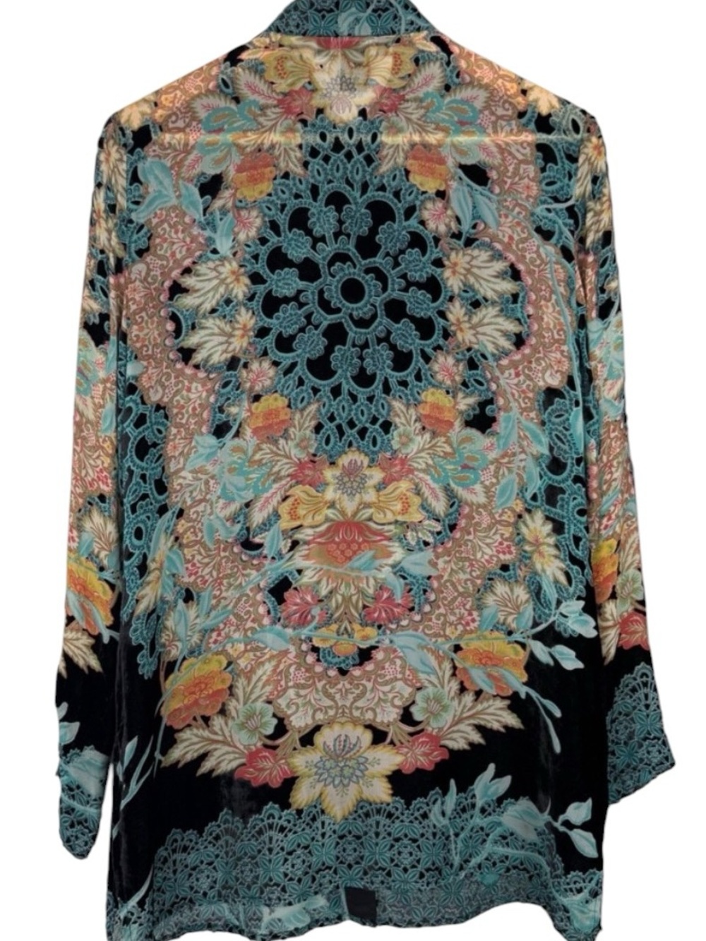 Citron Black Teal Burnout Velvet Silk Button Down Tunic Blouse Artsy Boho Size M - Picture 6 of 14